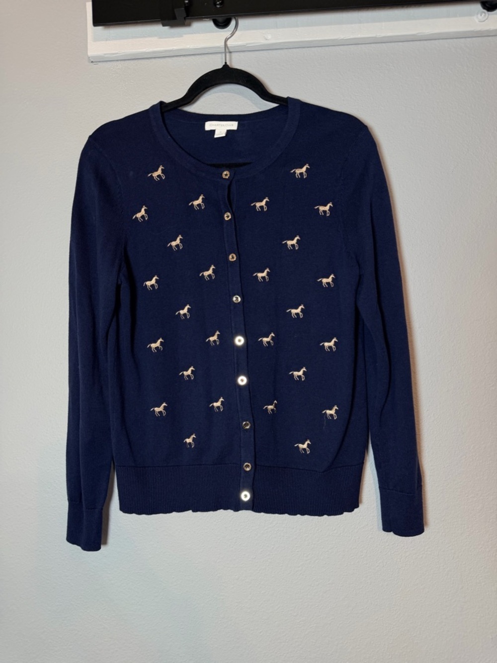 Charter Club Horse Embroidered Button Up Cardigan Sweater Medium Navy Blue